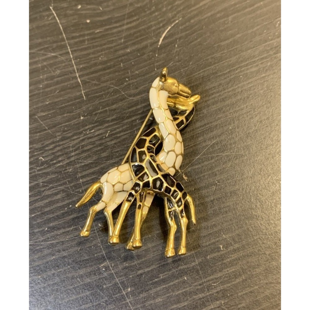 Vintage Gold Tone Black & White Enamel Intertwined Giraffes Pin Brooch